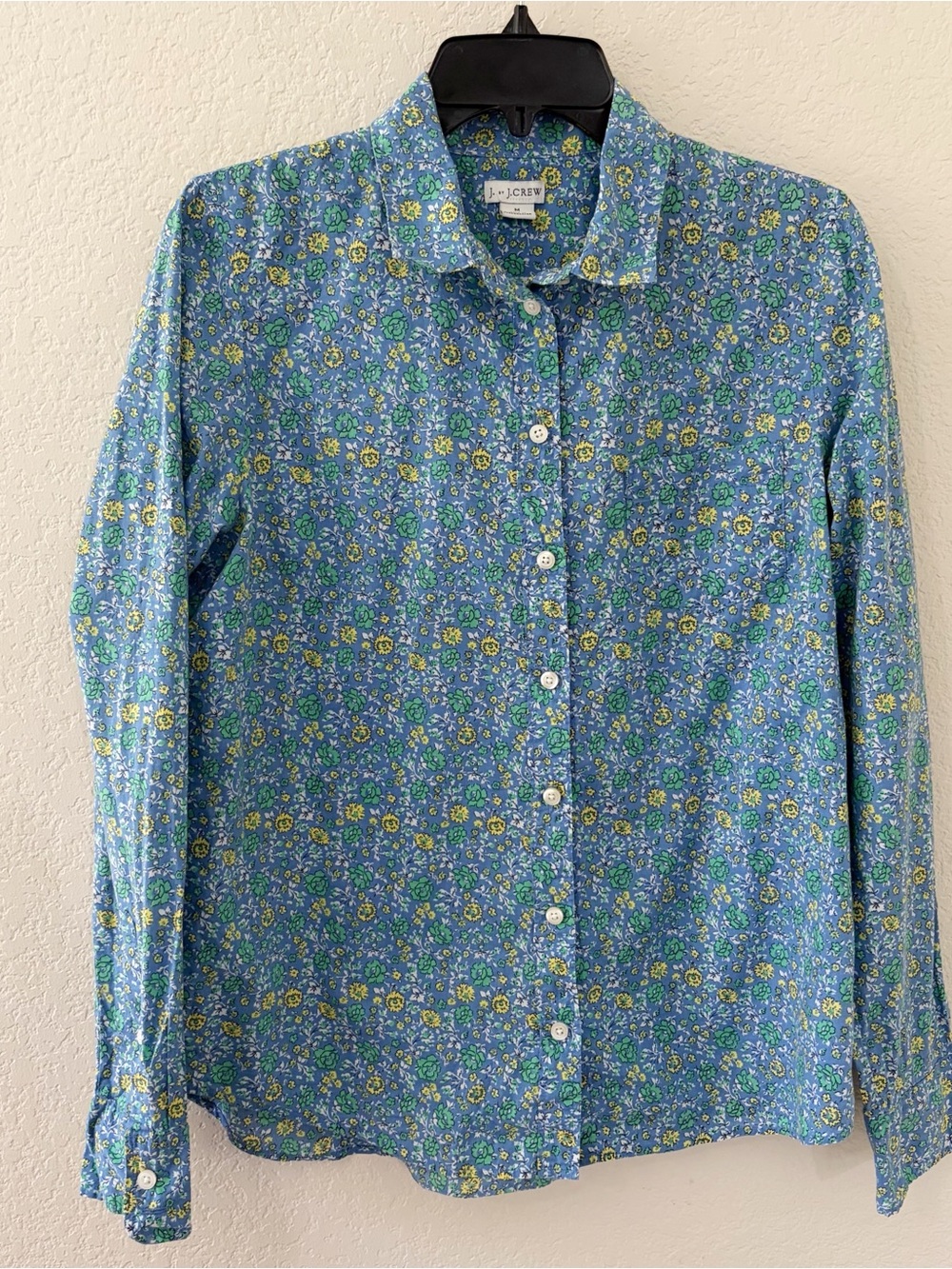 J by J Crew Womens Size Medium Shirt Top Blue Yellow Floral Button Down